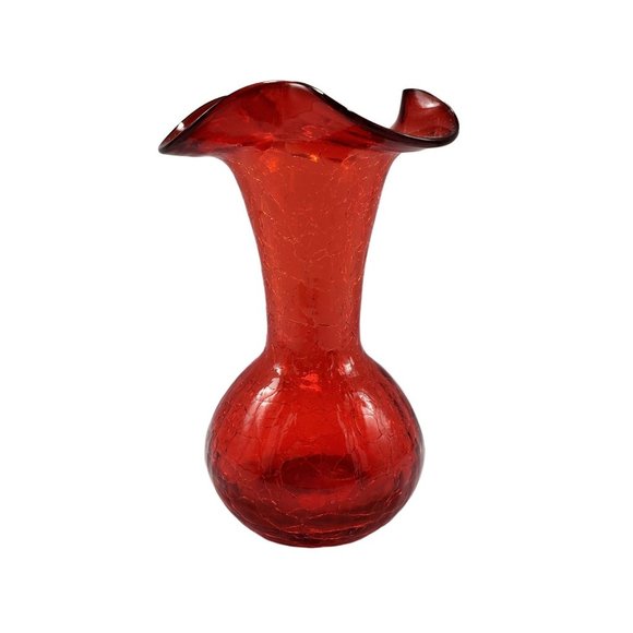 Vintage Pilgrim Hand Blown Glass Ruby Red Crackle Ruffled Top Vase WV - Picture 5 of 9